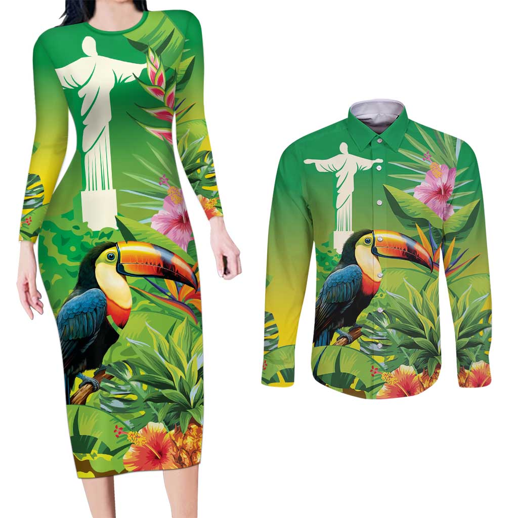 Brazil Rio-Toucan Bird Personalized Couples Matching Long Sleeve Bodycon Dress and Long Sleeve Button Shirt Tropical Flowers