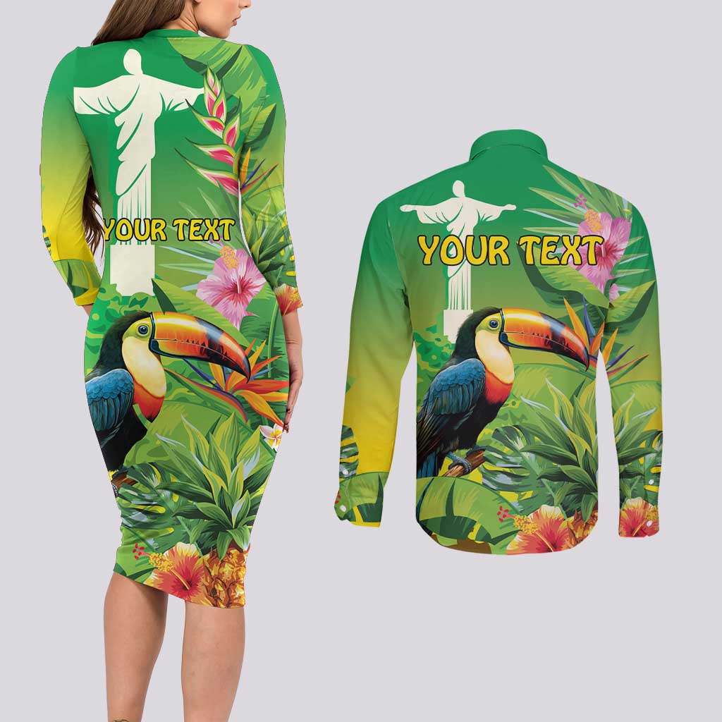 Brazil Rio-Toucan Bird Personalized Couples Matching Long Sleeve Bodycon Dress and Long Sleeve Button Shirt Tropical Flowers
