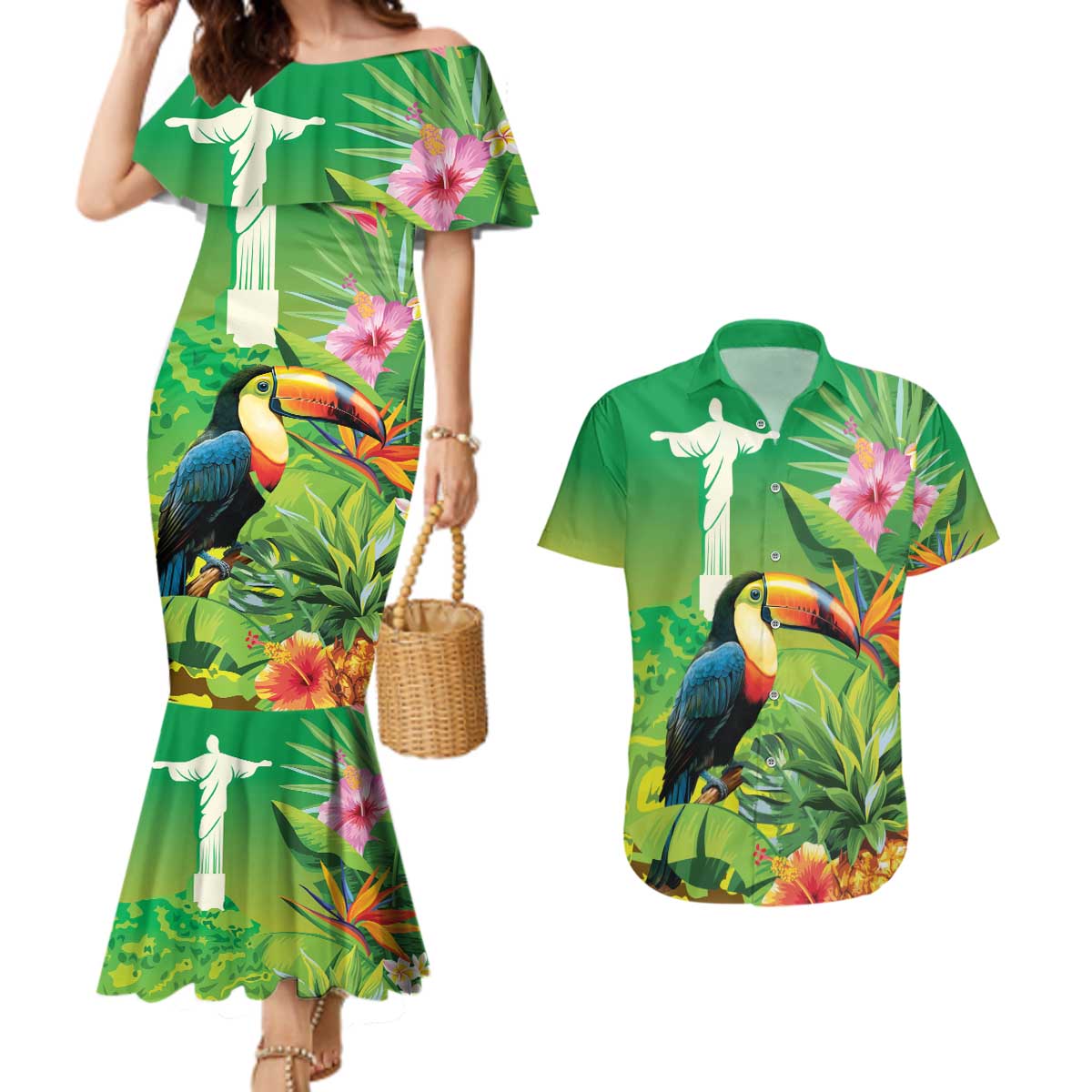 Brazil Rio-Toucan Bird Personalized Couples Matching Mermaid Dress and Hawaiian Shirt Tropical Flowers