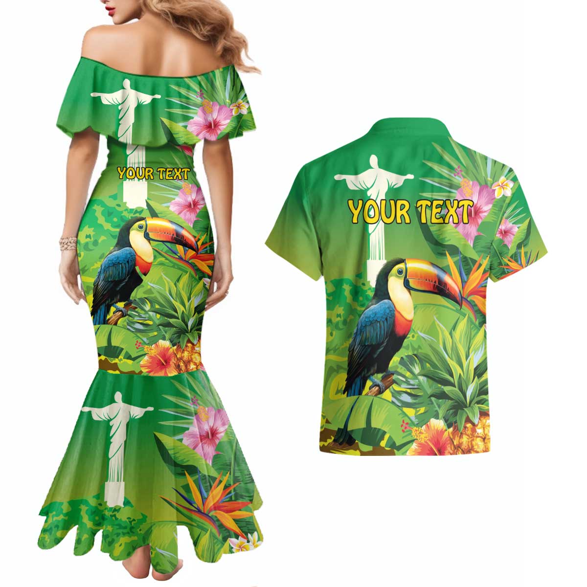 Brazil Rio-Toucan Bird Personalized Couples Matching Mermaid Dress and Hawaiian Shirt Tropical Flowers