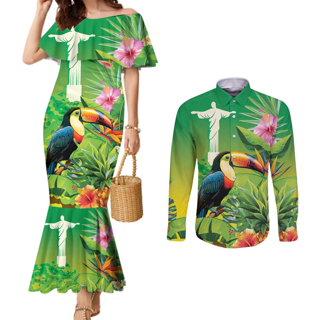 Brazil Rio-Toucan Bird Personalized Couples Matching Mermaid Dress and Long Sleeve Button Shirt Tropical Flowers