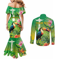 Brazil Rio-Toucan Bird Personalized Couples Matching Mermaid Dress and Long Sleeve Button Shirt Tropical Flowers