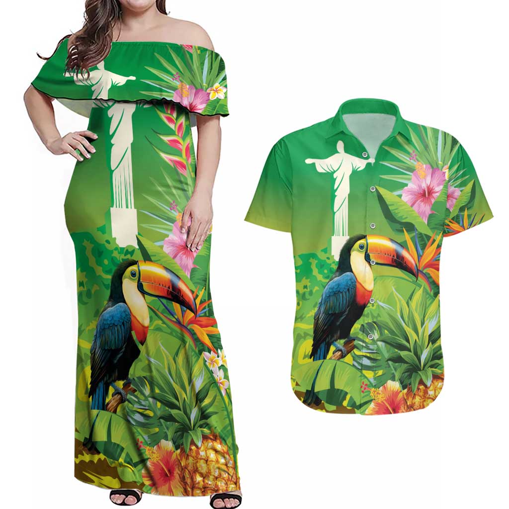 Brazil Rio-Toucan Bird Personalized Couples Matching Off Shoulder Maxi Dress and Hawaiian Shirt Tropical Flowers