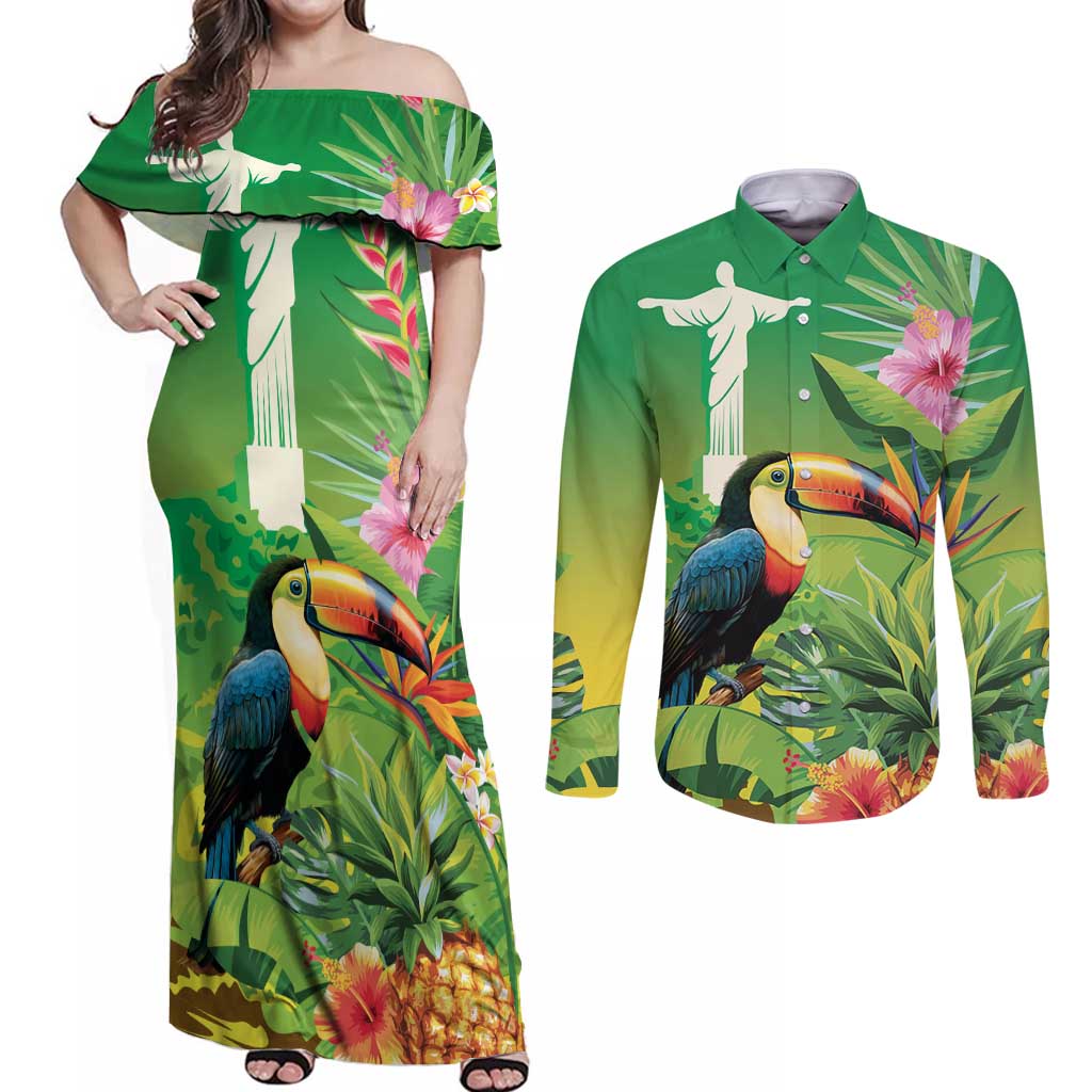 Brazil Rio-Toucan Bird Personalized Couples Matching Off Shoulder Maxi Dress and Long Sleeve Button Shirt Tropical Flowers