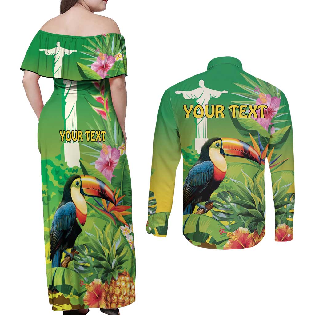 Brazil Rio-Toucan Bird Personalized Couples Matching Off Shoulder Maxi Dress and Long Sleeve Button Shirt Tropical Flowers
