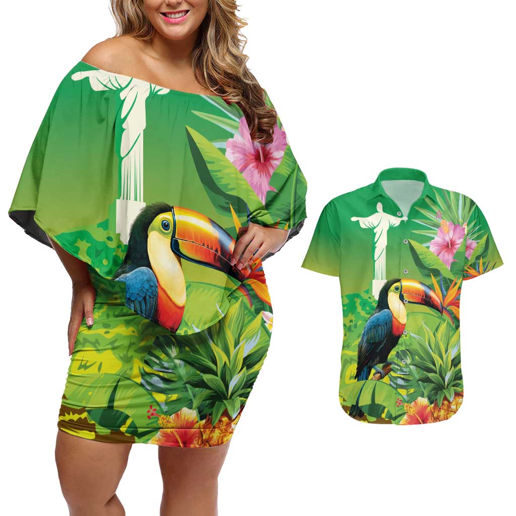 Brazil Rio-Toucan Bird Personalized Couples Matching Off Shoulder Short Dress and Hawaiian Shirt Tropical Flowers