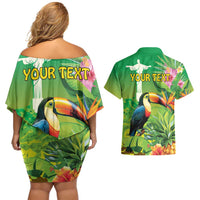 Brazil Rio-Toucan Bird Personalized Couples Matching Off Shoulder Short Dress and Hawaiian Shirt Tropical Flowers