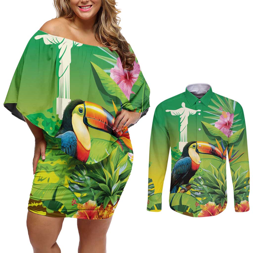 Brazil Rio-Toucan Bird Personalized Couples Matching Off Shoulder Short Dress and Long Sleeve Button Shirt Tropical Flowers