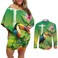 Brazil Rio-Toucan Bird Personalized Couples Matching Off Shoulder Short Dress and Long Sleeve Button Shirt Tropical Flowers