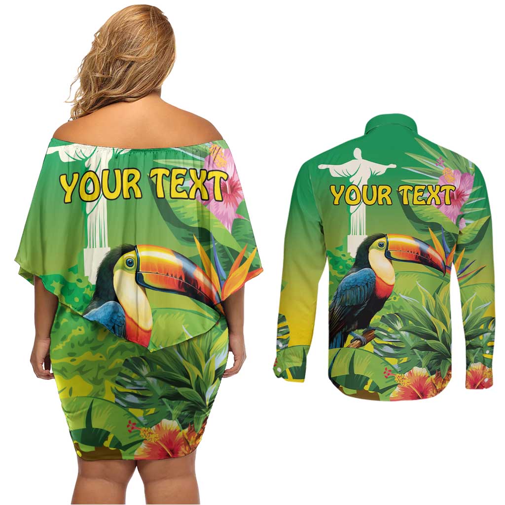 Brazil Rio-Toucan Bird Personalized Couples Matching Off Shoulder Short Dress and Long Sleeve Button Shirt Tropical Flowers