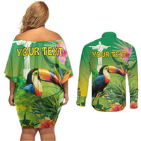 Brazil Rio-Toucan Bird Personalized Couples Matching Off Shoulder Short Dress and Long Sleeve Button Shirt Tropical Flowers
