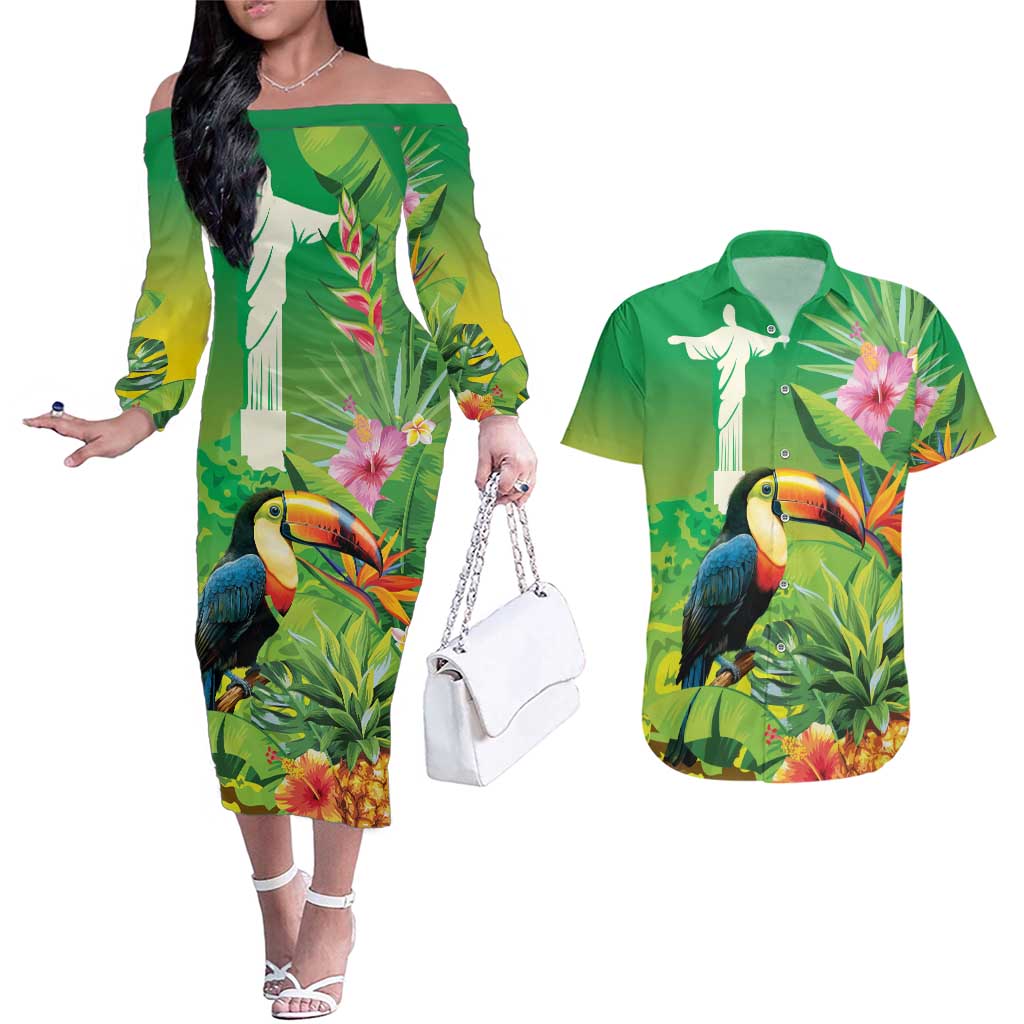 Brazil Rio-Toucan Bird Personalized Couples Matching Off The Shoulder Long Sleeve Dress and Hawaiian Shirt Tropical Flowers