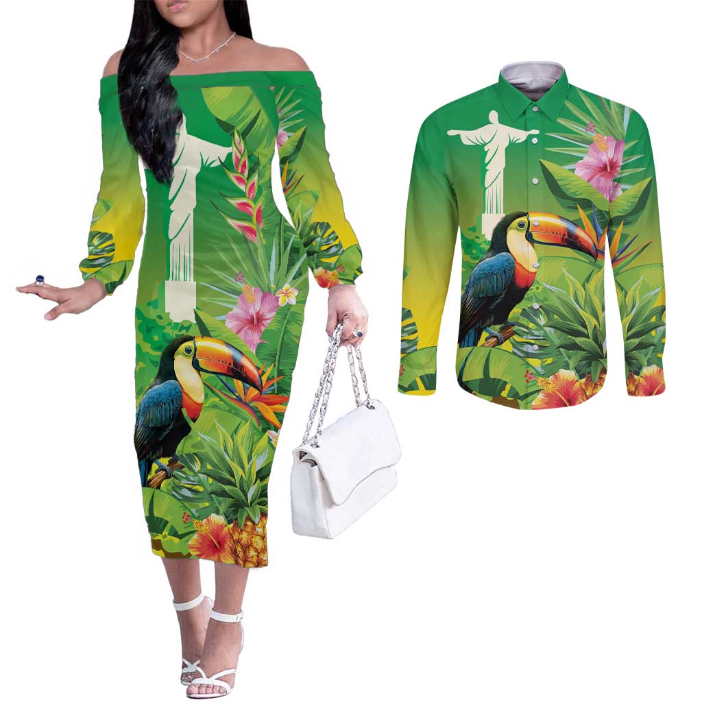 Brazil Rio-Toucan Bird Personalized Couples Matching Off The Shoulder Long Sleeve Dress and Long Sleeve Button Shirt Tropical Flowers