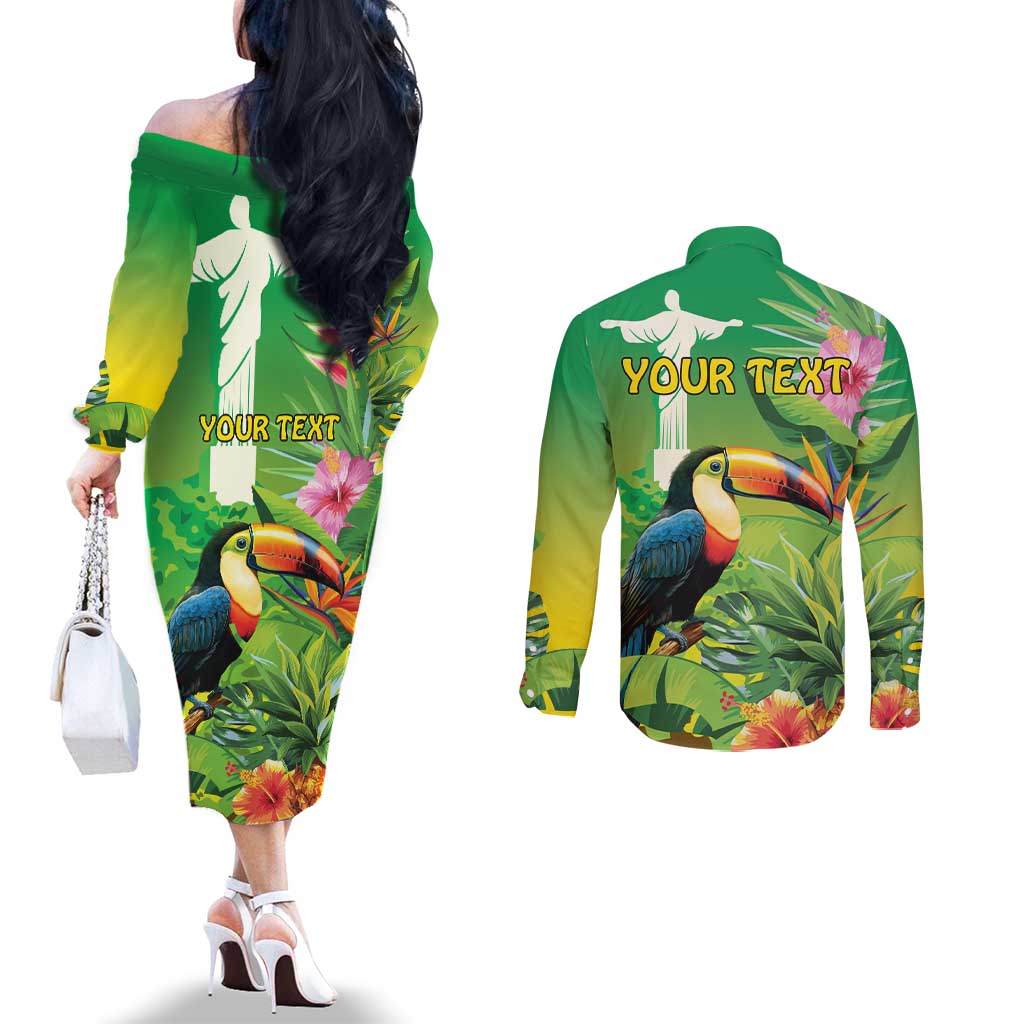 Brazil Rio-Toucan Bird Personalized Couples Matching Off The Shoulder Long Sleeve Dress and Long Sleeve Button Shirt Tropical Flowers