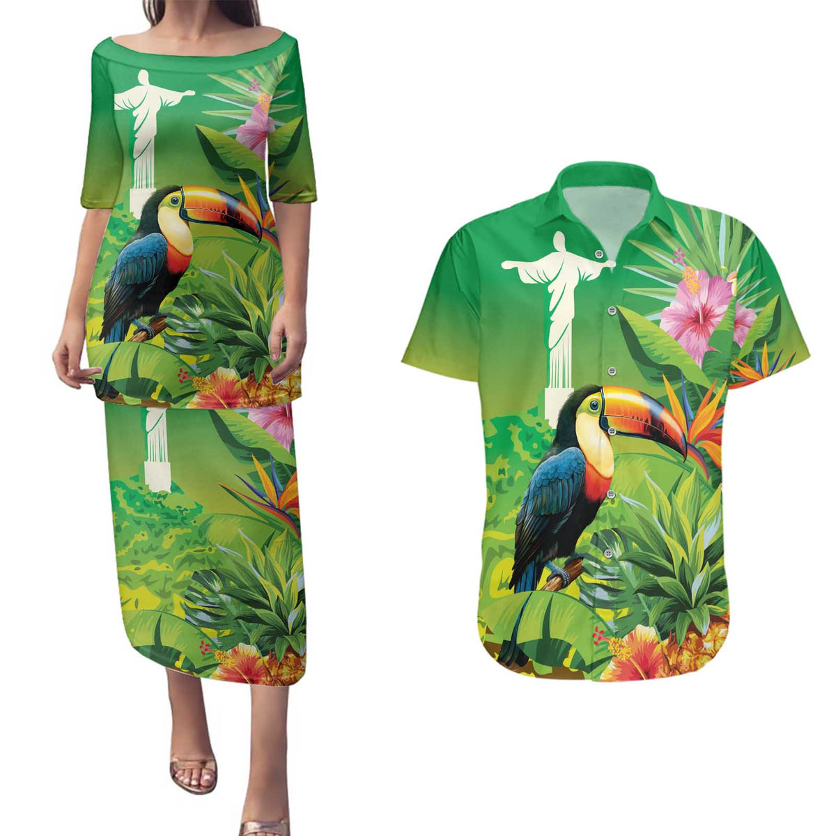 Brazil Rio-Toucan Bird Personalized Couples Matching Puletasi and Hawaiian Shirt Tropical Flowers
