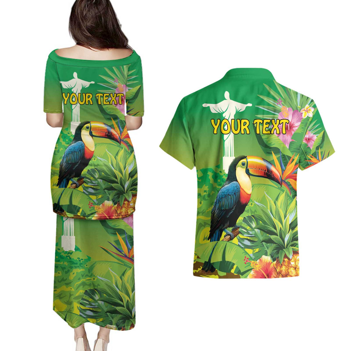 Brazil Rio-Toucan Bird Personalized Couples Matching Puletasi and Hawaiian Shirt Tropical Flowers