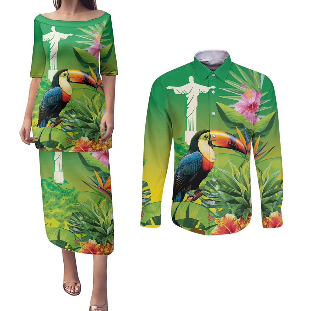 Brazil Rio-Toucan Bird Personalized Couples Matching Puletasi and Long Sleeve Button Shirt Tropical Flowers