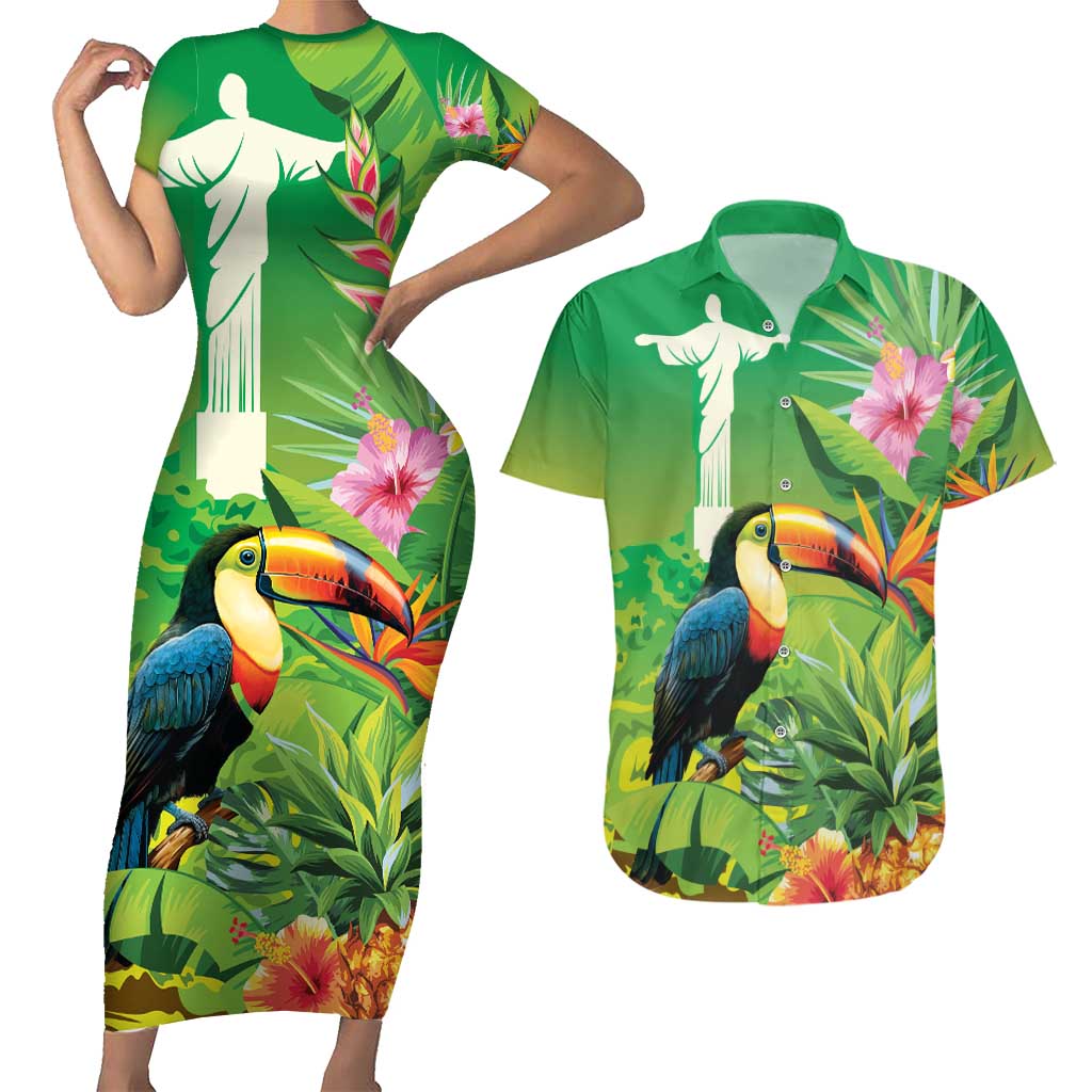 Brazil Rio-Toucan Bird Personalized Couples Matching Short Sleeve Bodycon Dress and Hawaiian Shirt Tropical Flowers