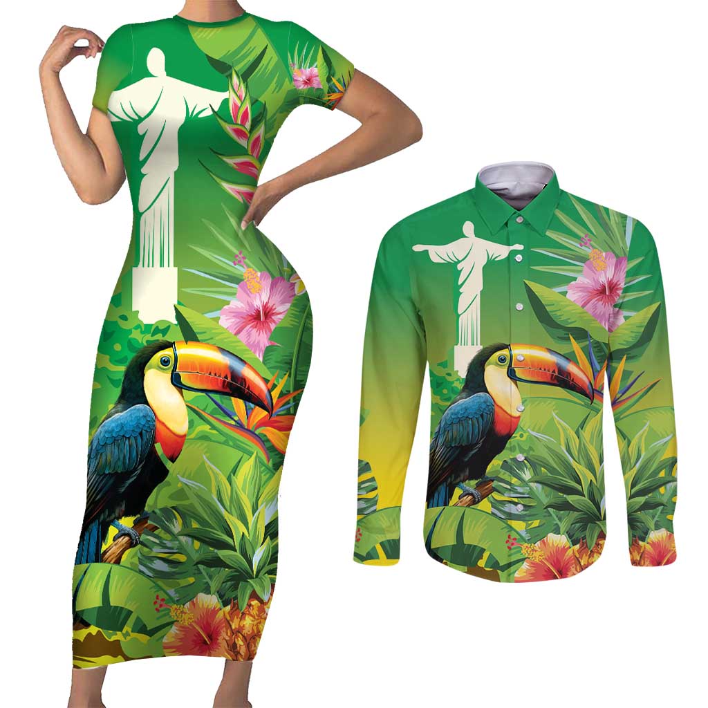 Brazil Rio-Toucan Bird Personalized Couples Matching Short Sleeve Bodycon Dress and Long Sleeve Button Shirt Tropical Flowers