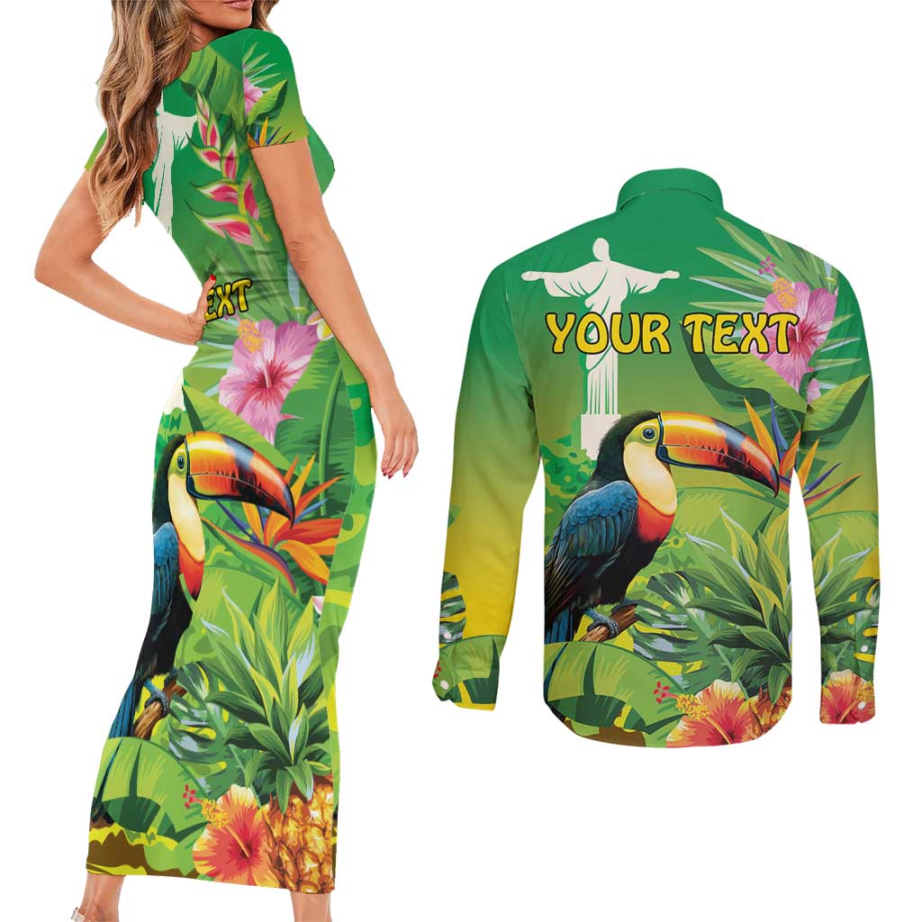 Brazil Rio-Toucan Bird Personalized Couples Matching Short Sleeve Bodycon Dress and Long Sleeve Button Shirt Tropical Flowers