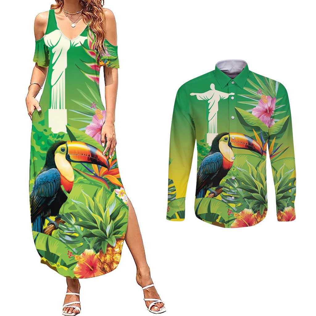 Brazil Rio-Toucan Bird Personalized Couples Matching Summer Maxi Dress and Long Sleeve Button Shirt Tropical Flowers