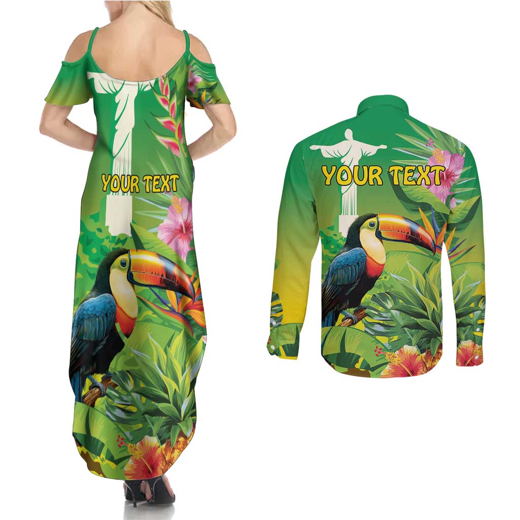 Brazil Rio-Toucan Bird Personalized Couples Matching Summer Maxi Dress and Long Sleeve Button Shirt Tropical Flowers