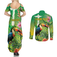Brazil Rio-Toucan Bird Personalized Couples Matching Summer Maxi Dress and Long Sleeve Button Shirt Tropical Flowers
