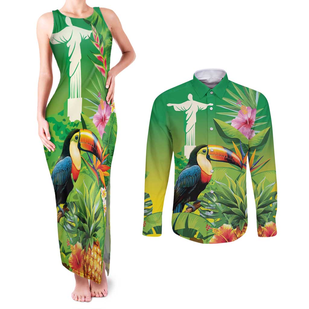 Brazil Rio-Toucan Bird Personalized Couples Matching Tank Maxi Dress and Long Sleeve Button Shirt Tropical Flowers