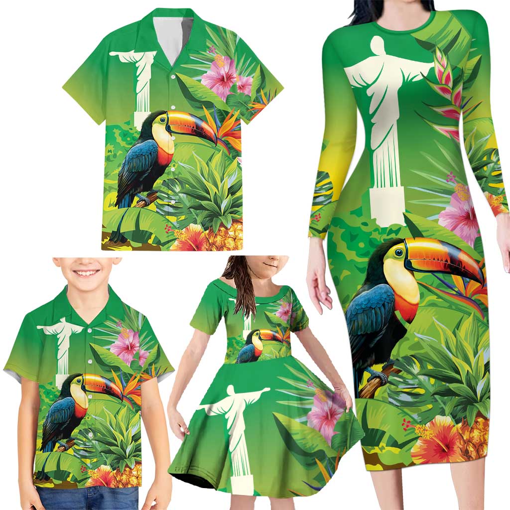 Brazil Rio-Toucan Bird Personalized Family Matching Long Sleeve Bodycon Dress and Hawaiian Shirt Tropical Flowers
