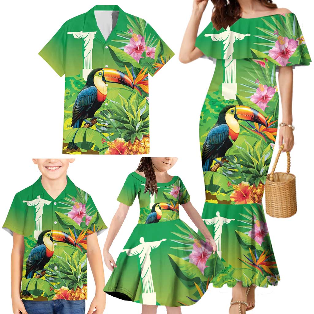 Brazil Rio-Toucan Bird Personalized Family Matching Mermaid Dress and Hawaiian Shirt Tropical Flowers