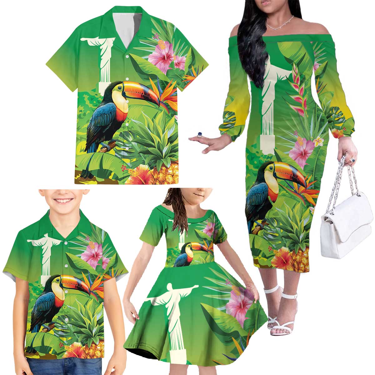 Brazil Rio-Toucan Bird Personalized Family Matching Off The Shoulder Long Sleeve Dress and Hawaiian Shirt Tropical Flowers