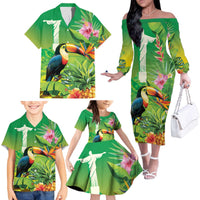 Brazil Rio-Toucan Bird Personalized Family Matching Off The Shoulder Long Sleeve Dress and Hawaiian Shirt Tropical Flowers
