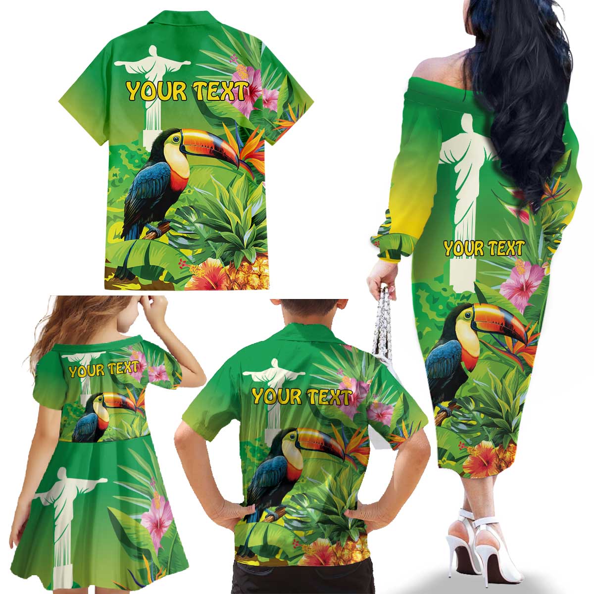 Brazil Rio-Toucan Bird Personalized Family Matching Off The Shoulder Long Sleeve Dress and Hawaiian Shirt Tropical Flowers