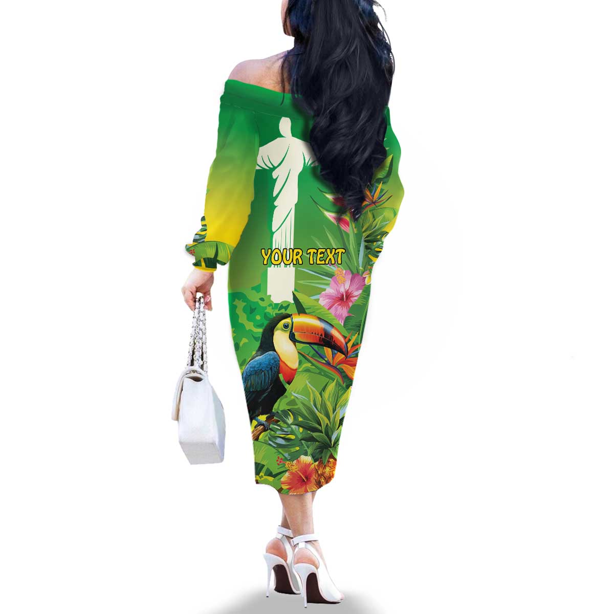Brazil Rio-Toucan Bird Personalized Family Matching Off The Shoulder Long Sleeve Dress and Hawaiian Shirt Tropical Flowers