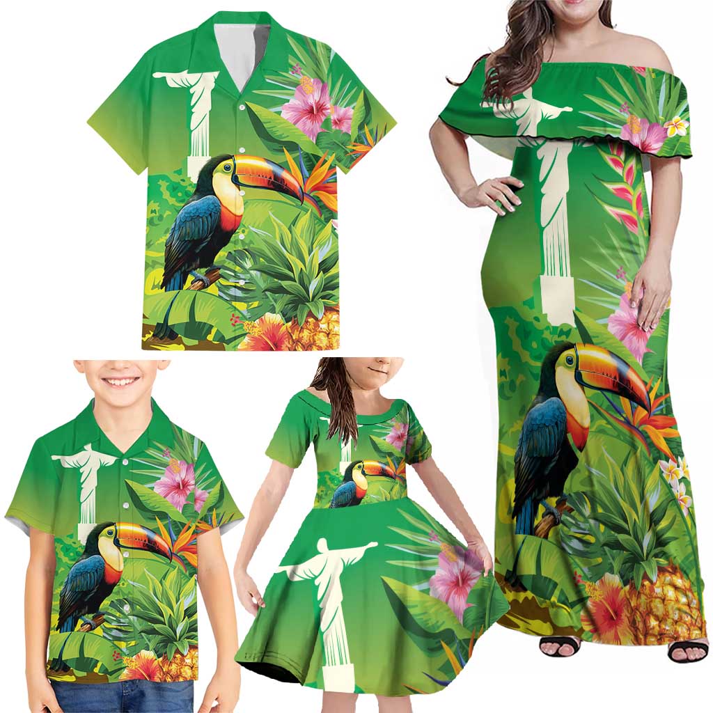 Brazil Rio-Toucan Bird Personalized Family Matching Off Shoulder Maxi Dress and Hawaiian Shirt Tropical Flowers