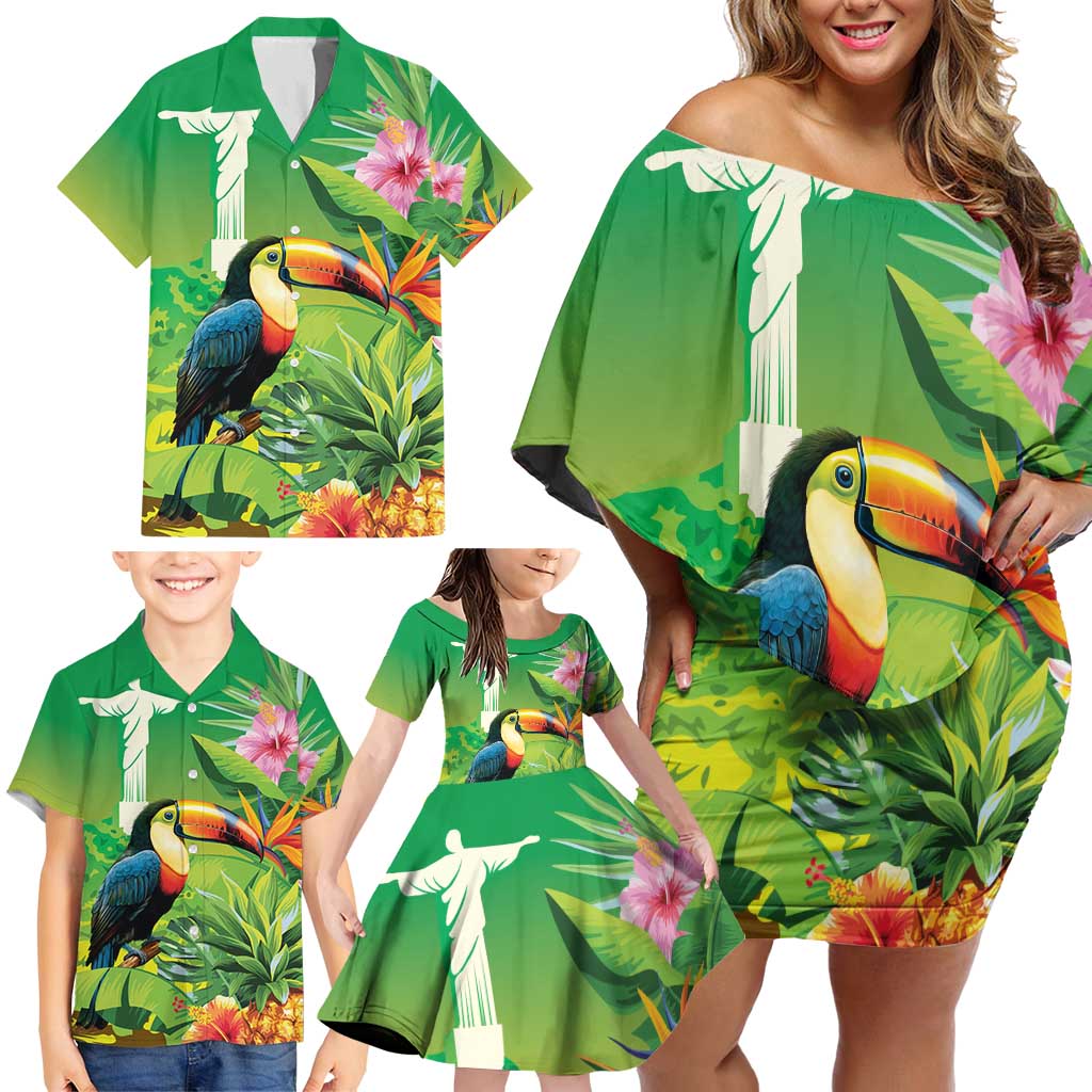 Brazil Rio-Toucan Bird Personalized Family Matching Off Shoulder Short Dress and Hawaiian Shirt Tropical Flowers