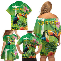 Brazil Rio-Toucan Bird Personalized Family Matching Off Shoulder Short Dress and Hawaiian Shirt Tropical Flowers