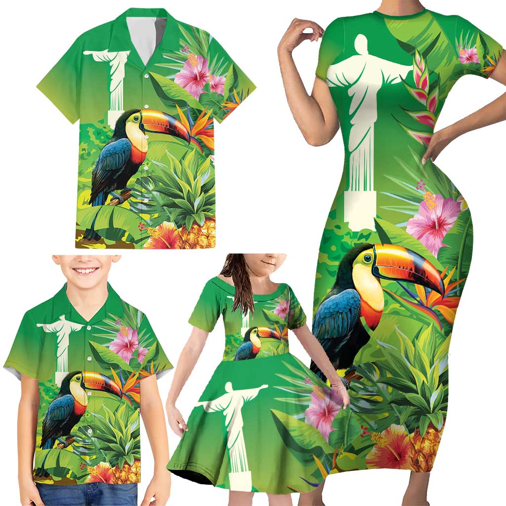 Brazil Rio-Toucan Bird Personalized Family Matching Short Sleeve Bodycon Dress and Hawaiian Shirt Tropical Flowers