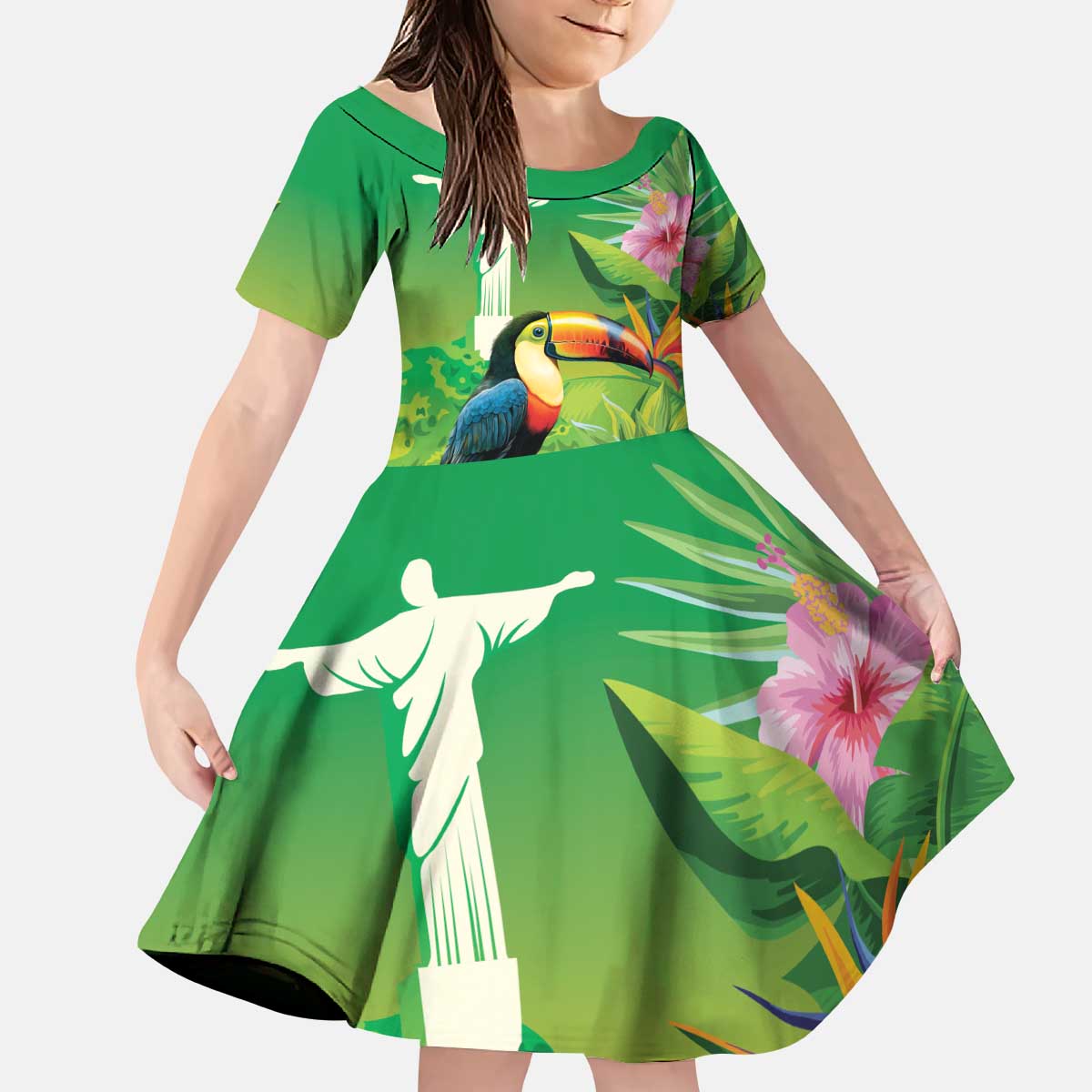 Brazil Rio-Toucan Bird Personalized Kid Short Sleeve Dress Tropical Flowers