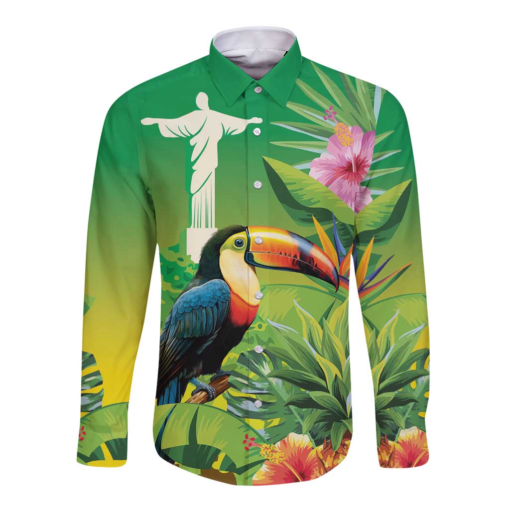 Brazil Rio-Toucan Bird Personalized Long Sleeve Button Shirt Tropical Flowers