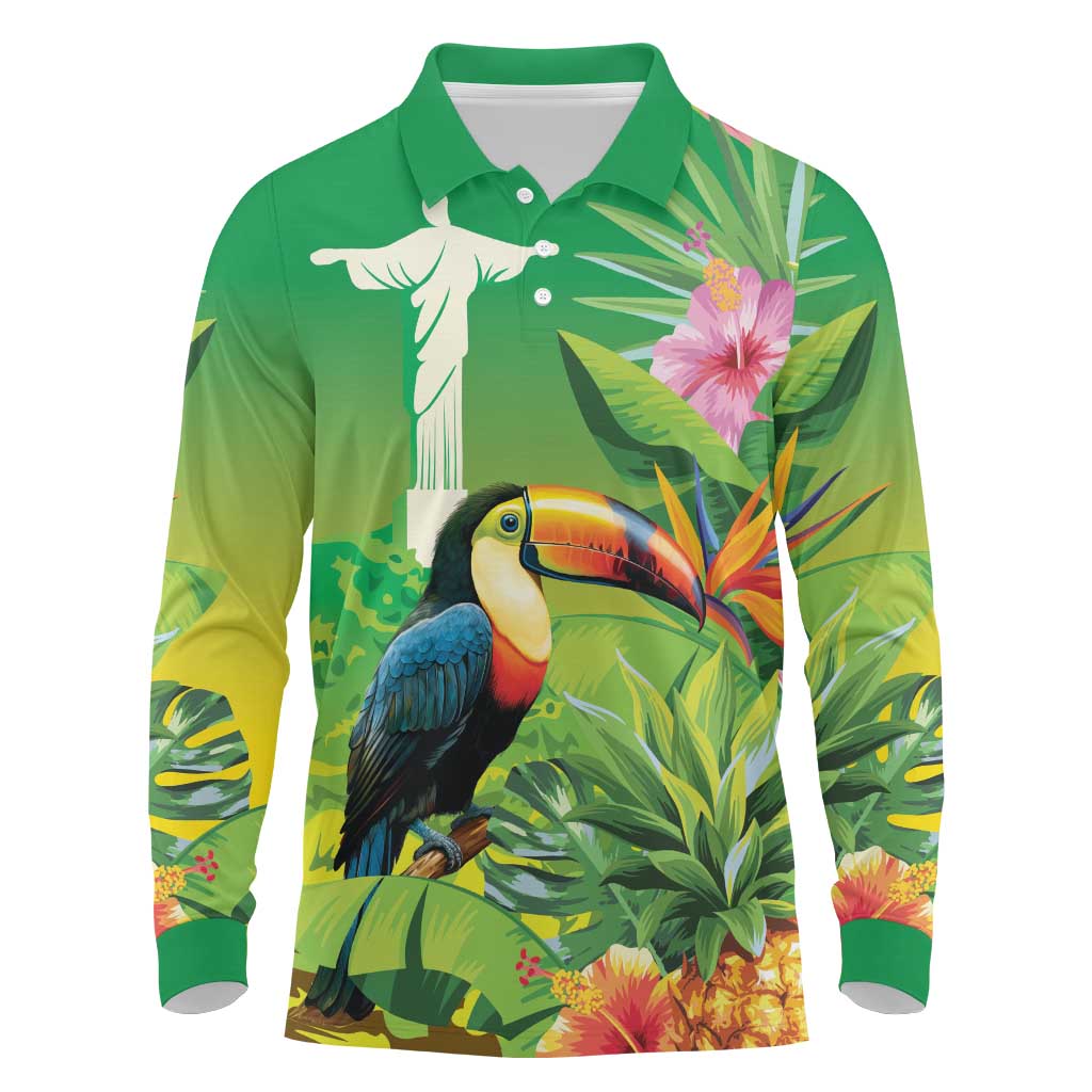 Brazil Rio-Toucan Bird Personalized Long Sleeve Polo Shirt Tropical Flowers