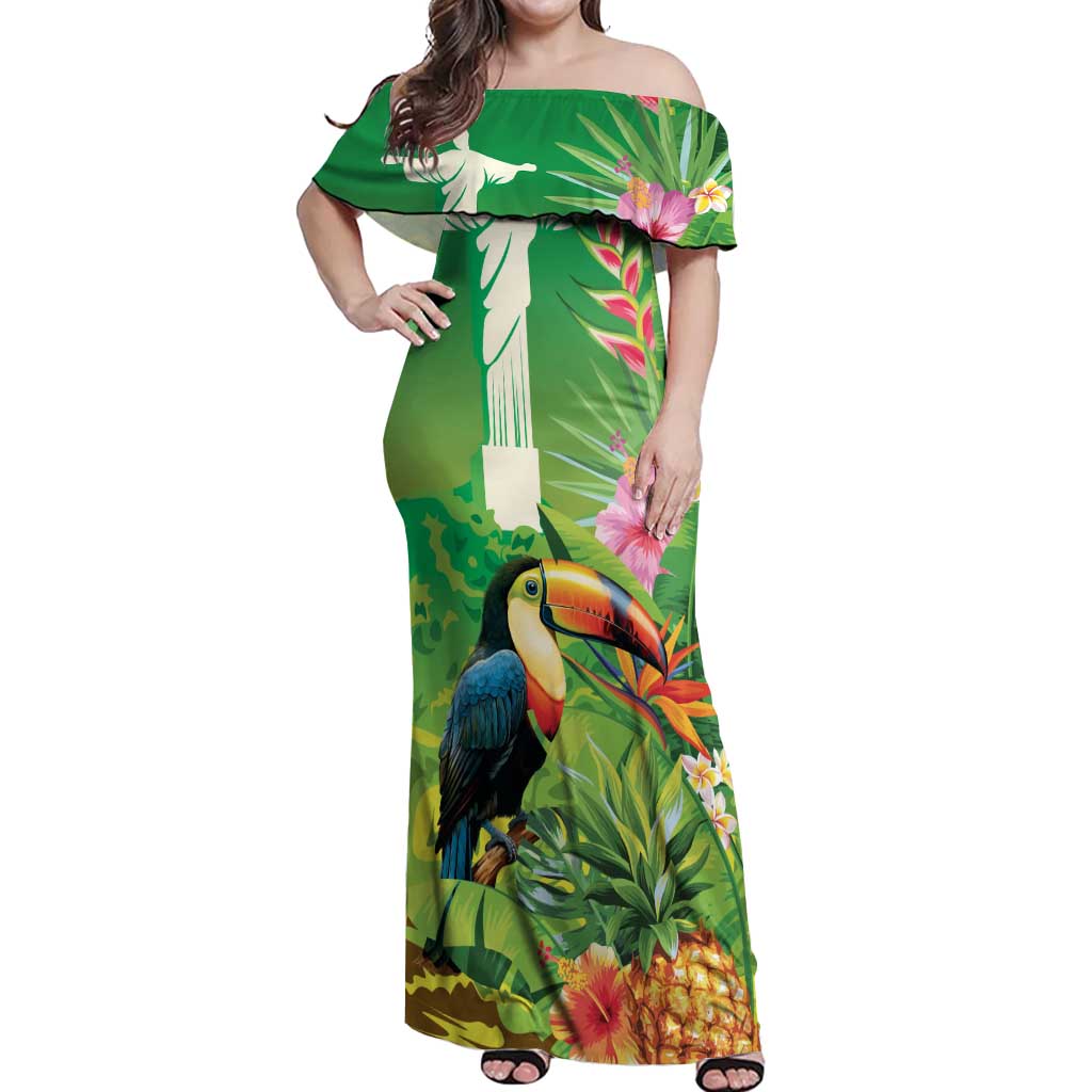 Brazil Rio-Toucan Bird Personalized Off Shoulder Maxi Dress Tropical Flowers