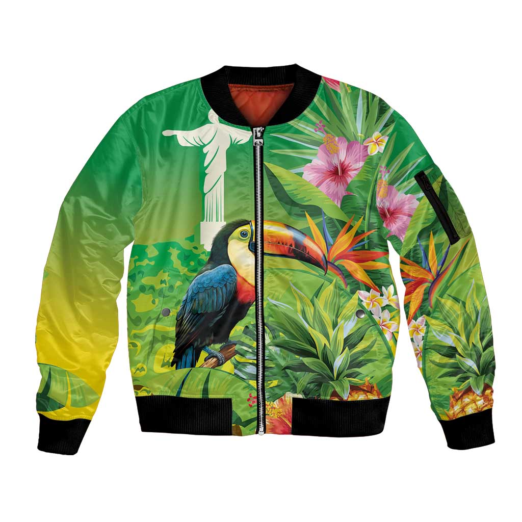 Brazil Rio-Toucan Bird Personalized Sleeve Zip Bomber Jacket Tropical Flowers