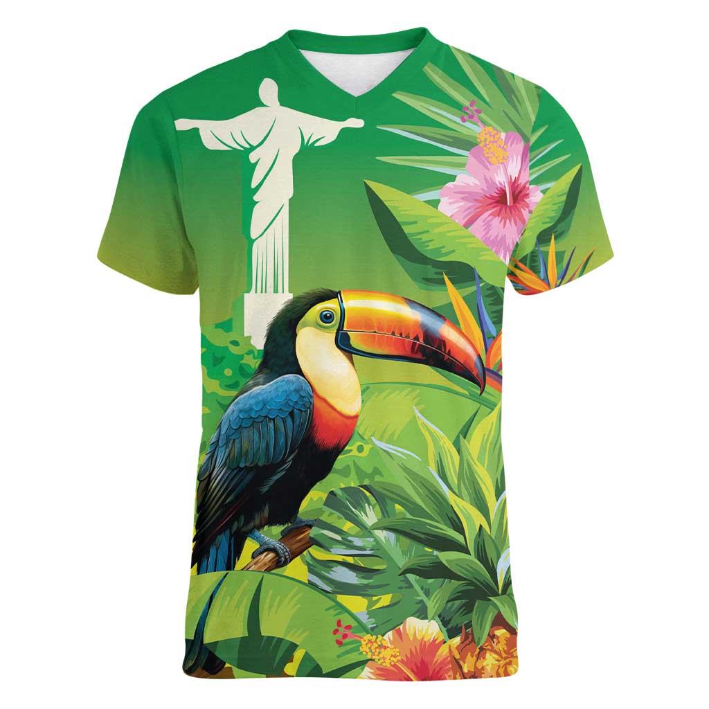 Brazil Rio-Toucan Bird Personalized Women V-Neck T-Shirt Tropical Flowers
