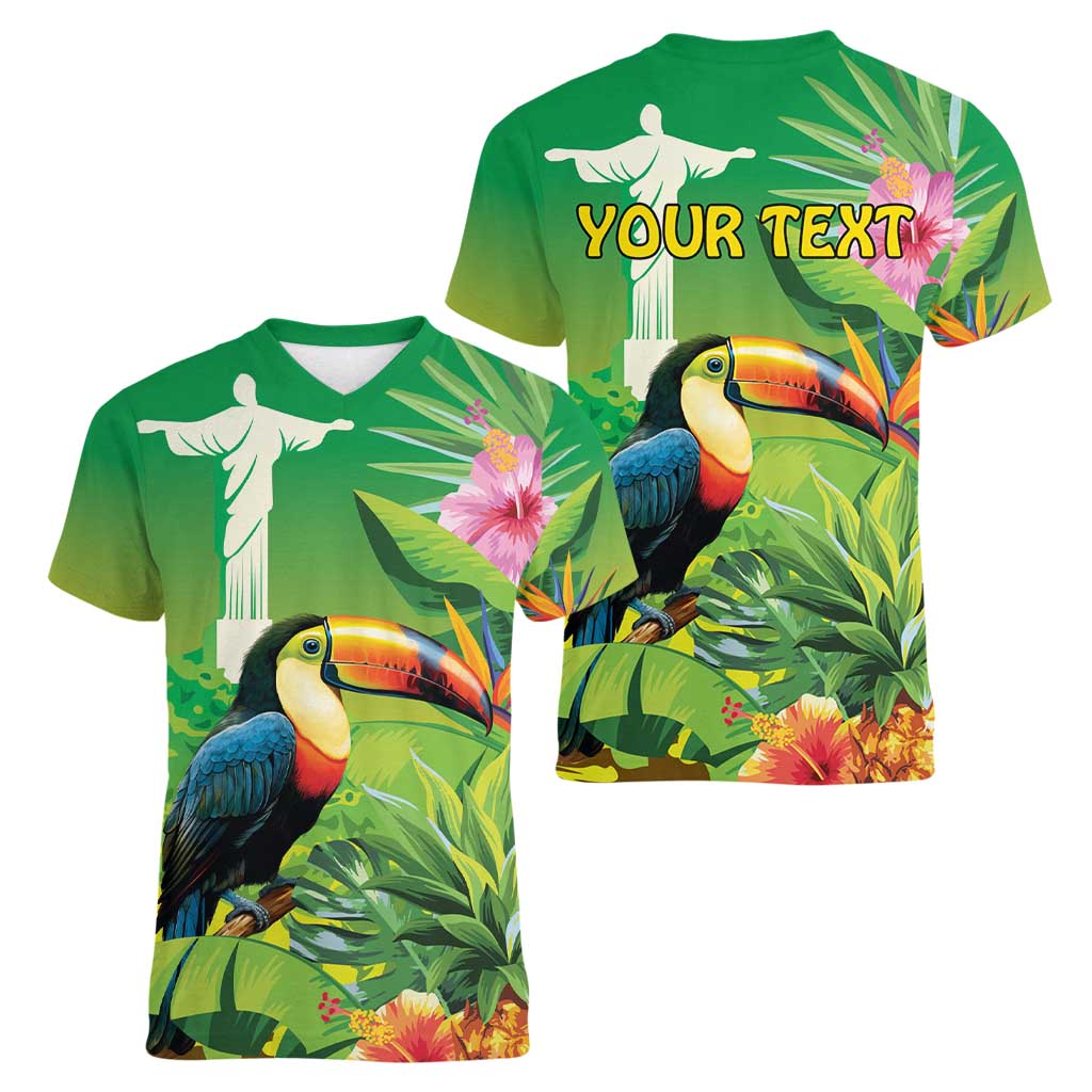 Brazil Rio-Toucan Bird Personalized Women V-Neck T-Shirt Tropical Flowers