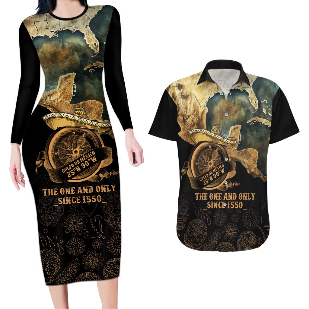 Gulf Of Mexico Couples Matching Long Sleeve Bodycon Dress and Hawaiian Shirt Historic Gulf of Mexico Map Since 1550