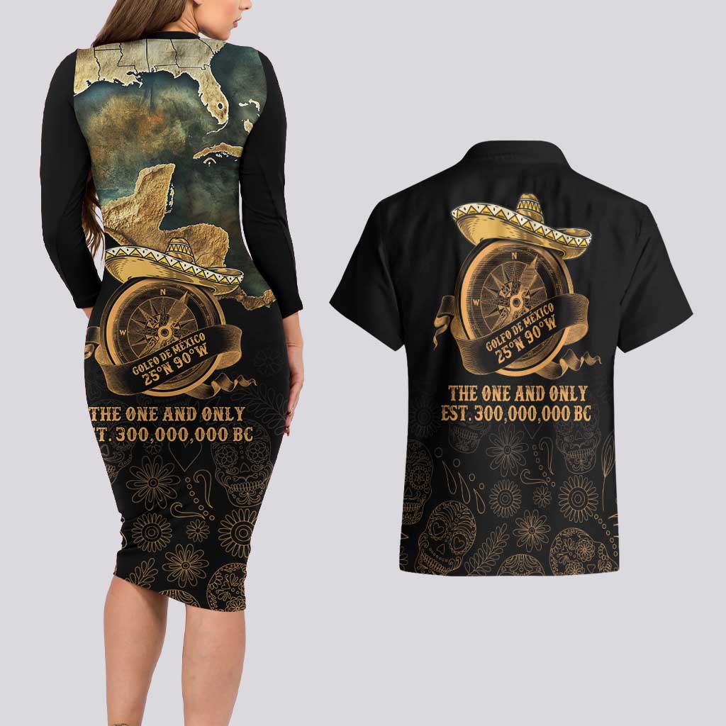 Gulf Of Mexico Couples Matching Long Sleeve Bodycon Dress and Hawaiian Shirt Historic Gulf of Mexico Map Since 1550