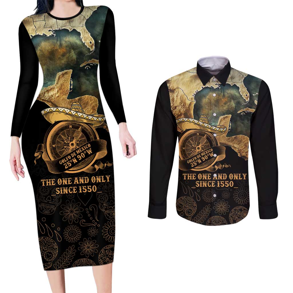 Gulf Of Mexico Couples Matching Long Sleeve Bodycon Dress and Long Sleeve Button Shirt Historic Gulf of Mexico Map Since 1550