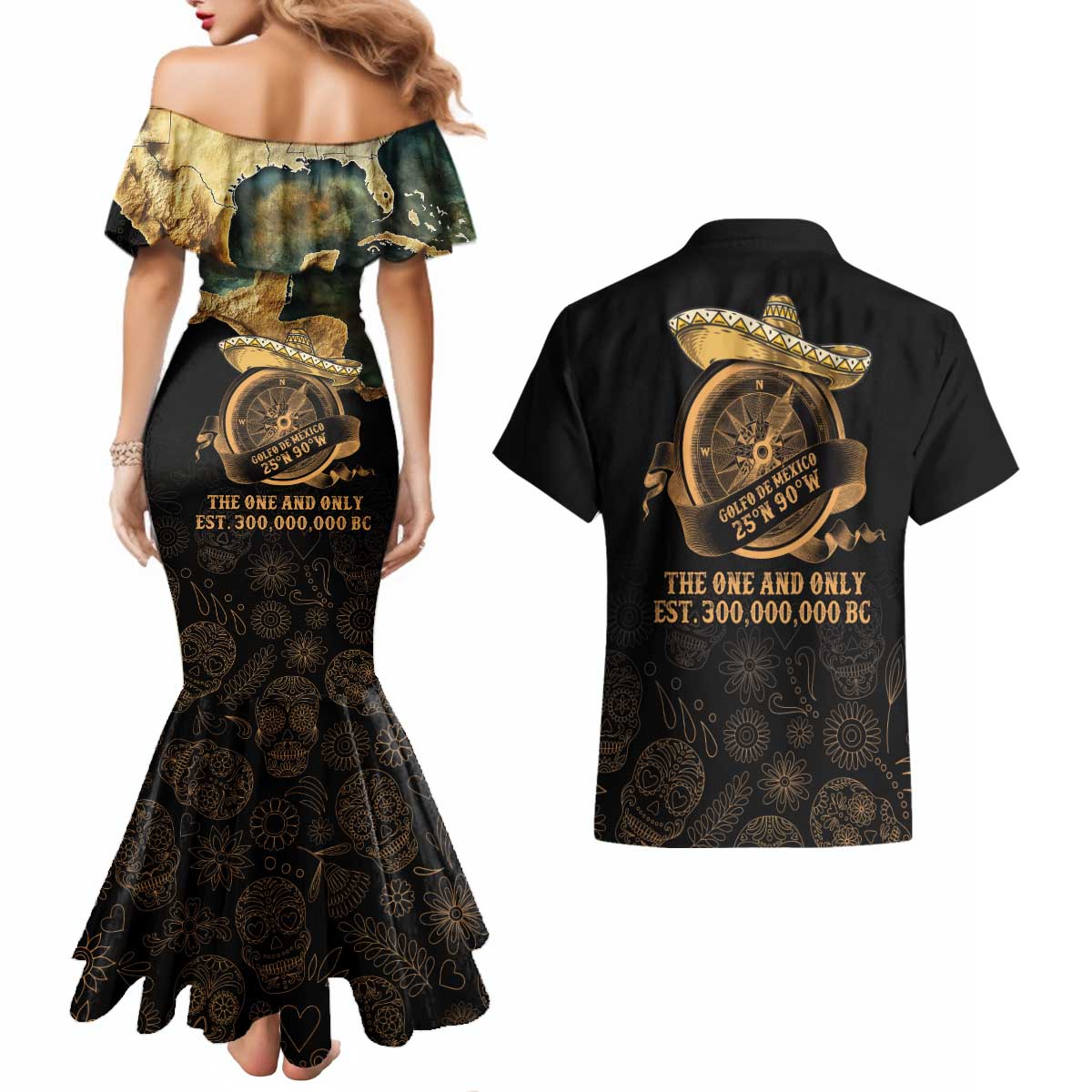 Gulf Of Mexico Couples Matching Mermaid Dress and Hawaiian Shirt Historic Gulf of Mexico Map Since 1550