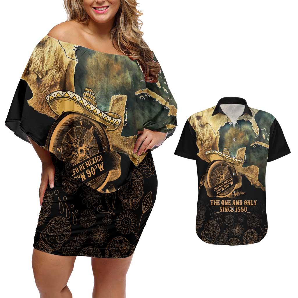 Gulf Of Mexico Couples Matching Off Shoulder Short Dress and Hawaiian Shirt Historic Gulf of Mexico Map Since 1550